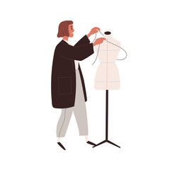 Tailor and mannequin. Dressmaker work with measuring tape and female torso model, dummy for sewing. Clothes designer and fabric manikin on stand. Flat vector illustration isolated on white background