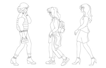 Beautiful young girls are walking. Set of drawn women. Vector.