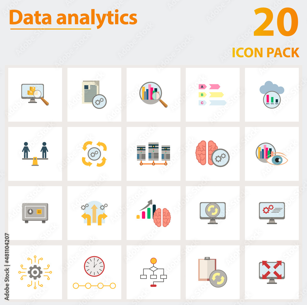 Aufkleber data analytics icon set. collection of simple elements such as the stock, batch processing, big data