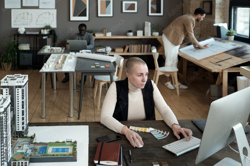 Poster Contemporary female designer or architect looking at screen of computer while looking through online data
