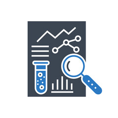 Medical analytics Related Vector Glyph Icon. Research sheet with test bulb, graphs and a magnifying glass. Research sign Isolated on White Background. Vector Illustration