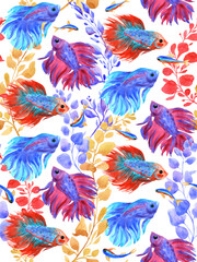 Fototapeta premium Fighting fish and waterplants seamless pattern. Watercolor illustration.