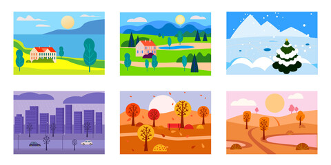 Collection of seasons landscapes winter, spring, summer, autumn. Rural, mountaines, field, city, sea, snow, hot, rain, night. Vector minimalistic flat illustration