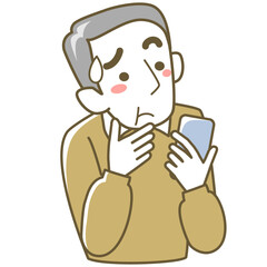 困った表情でスマホを見るシニア男性
