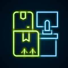 Glowing neon line Warehouse interior with boxes on racks icon isolated on black background. Logistics, cargo, parcel storage postal service. Colorful outline concept. Vector