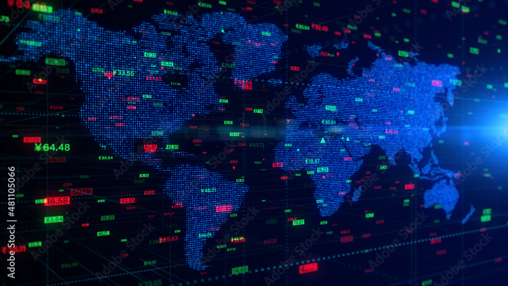 Aufkleber digital data financial investment with world map and stock indexes, financial business diagram with 