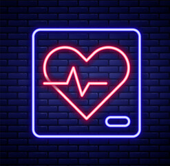 Glowing neon line Heart rate icon isolated on brick wall background. Heartbeat sign. Heart pulse icon. Cardiogram icon. Colorful outline concept. Vector