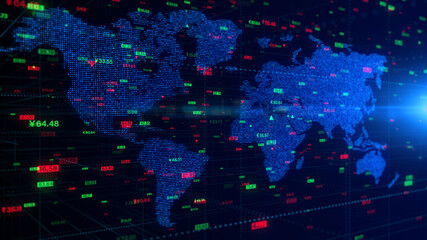Digital data financial investment with world map and stock indexes, Financial business diagram with stock market price changes, Business, and finance background.3d rendering