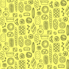 Bakery products pattern. Bread, loaf, baguette, croissant, pretzel, snail bun, pie in doodle style. Vector illustration
