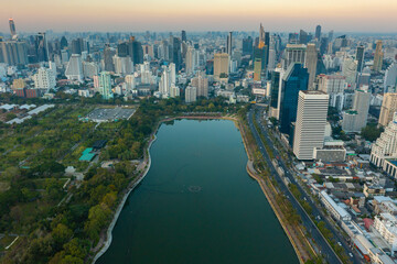 Aerial view of Bangkok city night view at Benjakitti Park, Bangkok, Thailand
