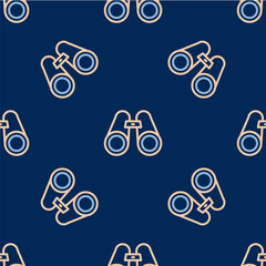 Line Binoculars icon isolated seamless pattern on blue background. Find software sign. Spy equipment symbol. Vector