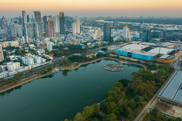Aerial view of Bangkok city night view at Benjakitti Park, Bangkok, Thailand
