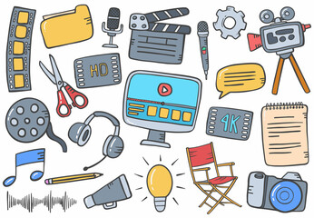 video editing concept doodle hand drawn set collections with flat outline style