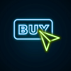 Glowing neon line Buy button icon isolated on black background. Colorful outline concept. Vector