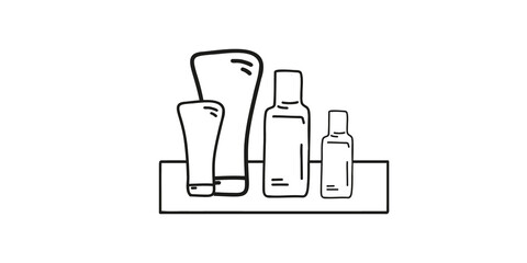 Set cosmetic bottles with a dispenser and tubes with skin care products in doodle style