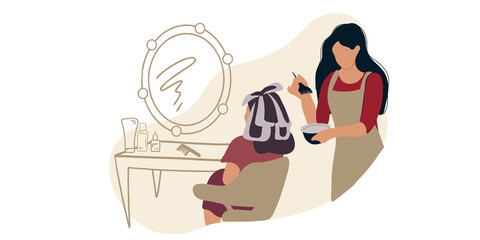 Professional hairdresser colorist coloring client's hair in salon. Beauty salon or training courses or master class. Flat vector illustration
and doodle.