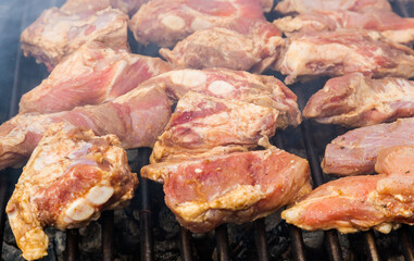 Chunks of raw meat on a grid and grilled.