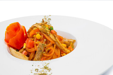 Close up spaghetti chicken tomato sauce on white background
