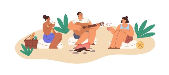 Friends relax on summer picnic, playing guitar and singing songs by campfire. Happy people on beach, resting with cocktails by bonfire outdoors. Flat vector illustration isolated on white background
