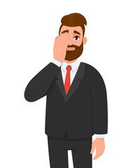 Young hipster businessman covering one eye with palm and looking from other eye. Trendy person closed half of his face with hand. Male character design, modern lifestyle illustration in vector cartoon