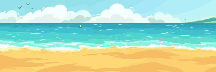 Fototapeta na wymiar Seascape with azure waves, clouds, boat, yellow sand and mountains in the distance. Vector colorful illustration in cartoon style. Landscape in horizontal format. Game level design