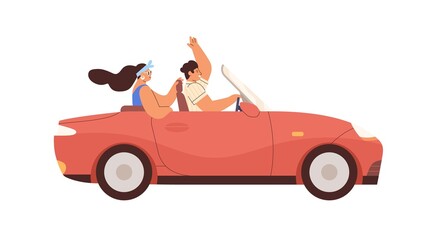 Couple in convertible car on summer road trip. Happy man and woman ride cabriolet. People driving cabrio. Male and female travel by auto. Flat graphic vector illustration isolated on white background - obrazy, fototapety, plakaty