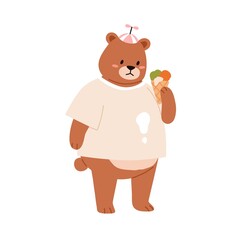 Obraz na płótnie Canvas Cute bear holding sweet ice-cream. Funny teddy animal in tshirt eating icecream. Adorable lovely baby character in stained clothes. Childish flat vector illustration isolated on white background