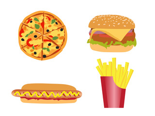 Fast food set consisting of pizza, burger, hot dog and french fries on a white background., Vector illustration