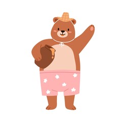 Cute bear holding honey pot. Funny teddy in straw hat and trunks portrait. Happy sweet baby animal eating and waving with hand. Childrens flat vector illustration isolated on white background