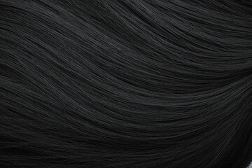 Naklejka premium Brunette or black hair. Female long dark hair in black. Beautifully laid curls. Closeup texture in a dark key. Hairdressing, hair care and coloring. Shading gray hair. Background with copy space.