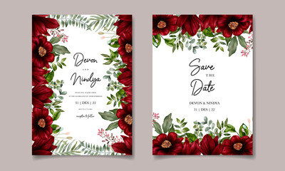 Beautiful watercolor red flower wedding invitation card - obrazy, fototapety, plakaty