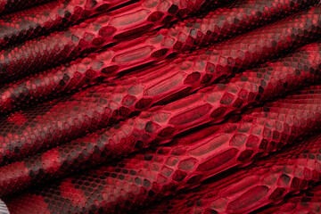 red dyed genuine natural python leather on the wooden table