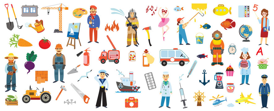 Professions and their attributes: farmer, artist, fireman, ballerina, painter, builder, sailor, doctor, diver, confectioner, teacher, pilot.