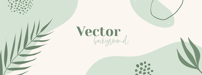 Minimal long vector banner in green colors. Abstract organic floral background with copy space for text. Facebook cover template - obrazy, fototapety, plakaty