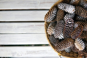 Cones in a basket on a bench. Top view