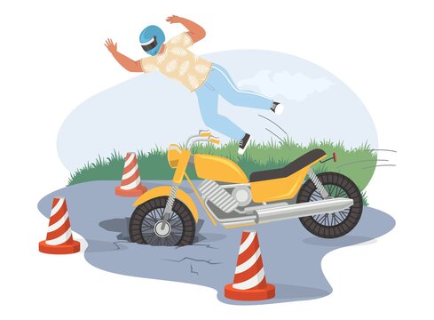 Motorcycle Accident, Vector Illustration. Biker Falling Off Motorcycle Hitting Pothole, Driving Into A Hole In The Road.