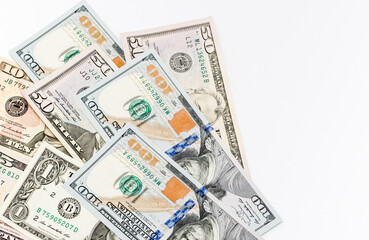 Money US dollars banknotes, a lot of different money. Bitcoin exchange for dollar inflation. Worldwide cryptocurrency and digital payment system. Availability