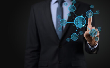 Businessman holding on hand icon of user man,woman low poly polygon style. Internet icons interface foreground. global network media concept.