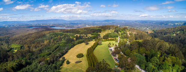 Wide aerial panorama of Dandenong Ranges in Victoria, Australia - 481110473