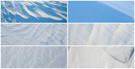 Set of snow textures. Collection of panoramic winter backgrounds with snowy ground. Beautiful wide panoramas with natural textures of clean fresh snow and wind-sculpted patterns on a snowy surface.
