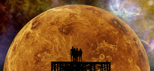 Silhouettes of people against the backdrop of a giant orange planet and exploding space. Elements...