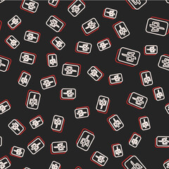 Line Mahjong pieces icon isolated seamless pattern on black background. Chinese mahjong red dragon game emoji. Vector - obrazy, fototapety, plakaty