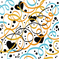 Seamless pattern with hearts, serpentine, stars and confetti.