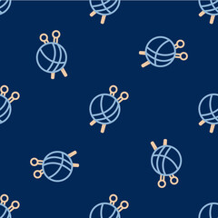 Line Yarn ball with knitting needles icon isolated seamless pattern on blue background. Label for hand made, knitting or tailor shop. Vector