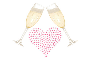 2 glasses filled with champagne united by a heart filled with other transparent hearts - creative illustration for Valentine's Day