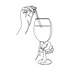 Fototapeta na wymiar Continuous one simple single abstract line drawing of hand holding cocktail icon in silhouette on a white background. Linear stylized.