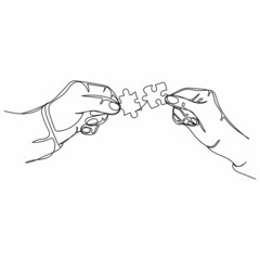 Continuous one simple single abstract line drawing of hands with pieces of puzzle icon in silhouette on a white background. Linear stylized.