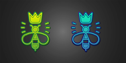 Green and blue Queen bee icon isolated on black background. Sweet natural food. Honeybee or apis with wings symbol. Flying insect. Vector