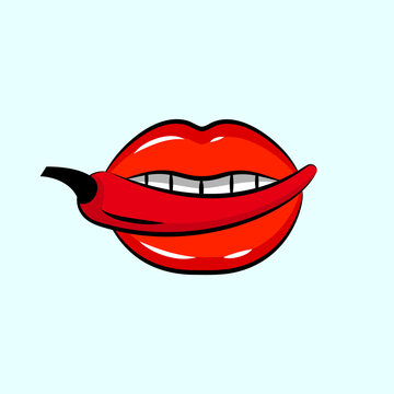 Sexy lips with red chili pepper, beauty open mouth