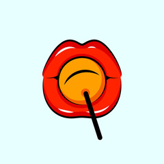 Mouth licking lollipop, red lips and candy